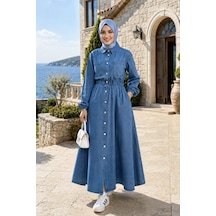 Hb Harma Time Butik Kadın Belden Lastikli Cep Detaylı Koyu Denim Koyu Kot Mavi Elbise Koyu Mavi Koyu Mavi