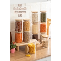 Porsima 2-4 Bambu Vakumlu Kapaklı Yuvarlak Cam 12li Kavanoz Seti Saklama Kabı 1300ml 10x20cm