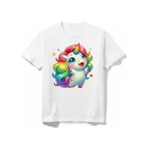 Urbantrendstore Summer Yaz Unicorn Temalı Unisex Kız Çocuk Erkek Çocuk Bisiklet Yuvarlak Yaka Basic Kısa Kollu %100 Pamuk Tişört Beyaz