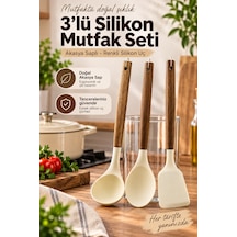3 Lü Silikon Mutfak Seti - Ahşap Akasya Saplı - Renkli Silikon Uç Çok Renkli