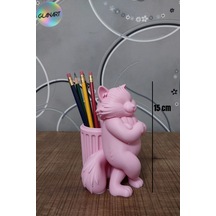 3 Boyutlu Kedi Figürlü Masa Üstü Kalemlik 3d Filament 1 Adet Pembe