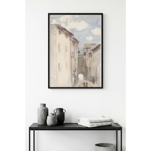 Doğal Ahşap Çerçeveli Soyut Şehir Manzarası Tablo - Pastel Tonlar Huhu1168
