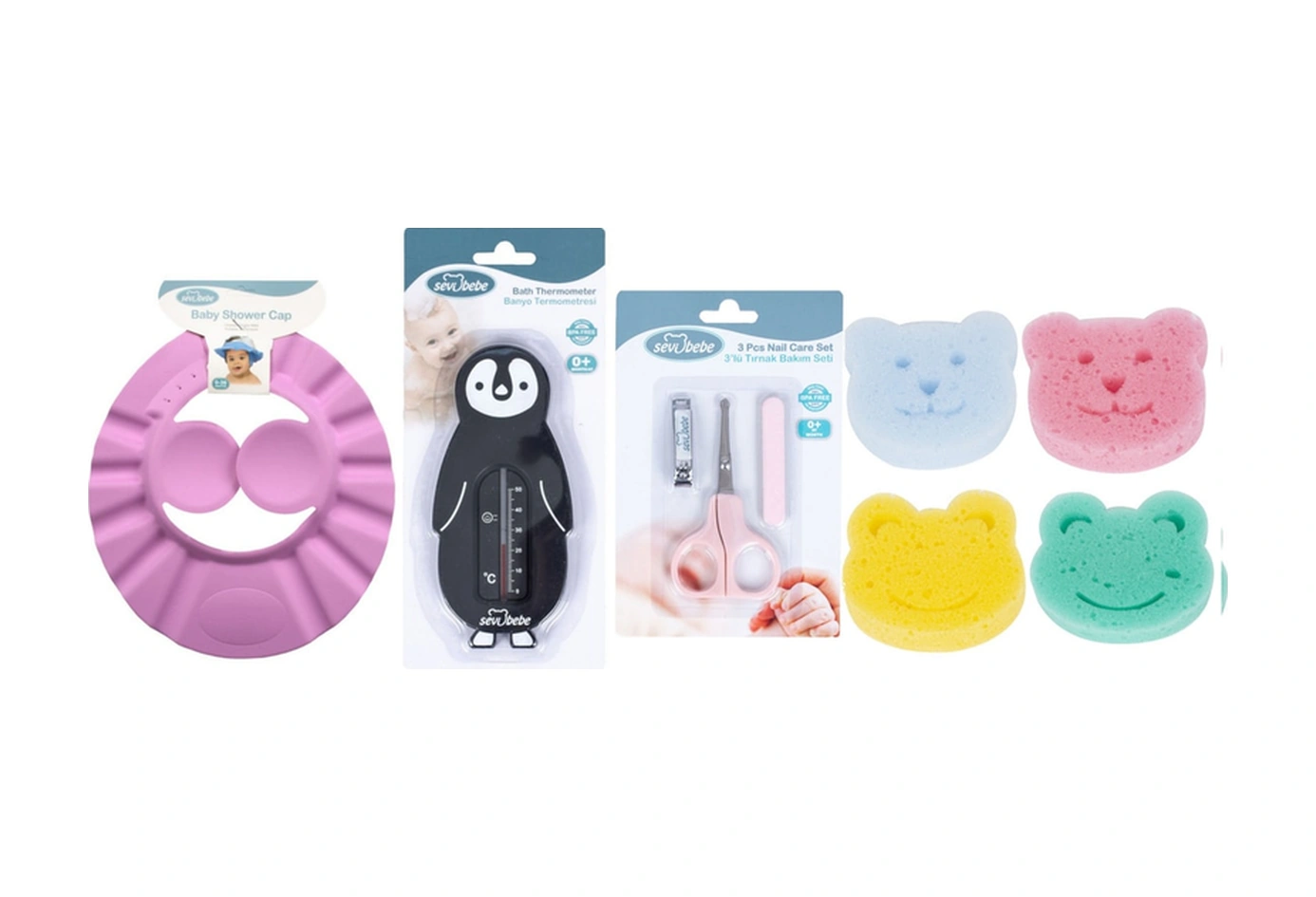 Bebek Banyo Seti Banyo Şapkası+banyo Derecesi+banyo Süngeri+tırnak Makas Seti Pembe