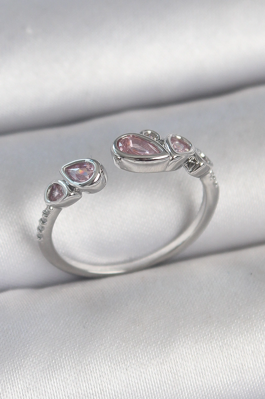 Pirinç Gümüş Renk Pembe Damla Zirkon Taşlı Ayarlanabilir Model K Renkli