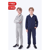 Fyk Kids Erkek Çocuk 3 İplik Düz Basic Fermuarlı Dik Yaka Çift Cepli 2'li Eşofman Takımı 4 Parça Gri - Lacivert