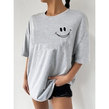 Smile Grafik T-shirt - Gri Baskılı Oversize Bisiklet Yaka Kısa Kol Tişört Gri