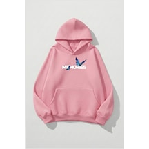 Uyguntarz Unisex Yumuşak Dokulu Butterfly Memories Baskılı Tasarım Oversize 3 İplik Hoodie Sweatshirt Pembe