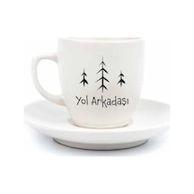 Yol Arkadaşı Temalı 2 Kişilik 4 Parça Krem Türk Kahvesi Fincan Seti - Hediyelik Kahve Fincanı Seti Açık Ahşap