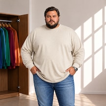 Sngl Tekstil Erkek Büyük Beden Oversize 20/1 Penye Uzun Kollu Sweatshirt Ekru