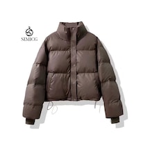 Yeni Kışlık Yıkanmayan Deri Kısa Kalınlaştırılmış Kadın Pamuklu Mont Kahverengi