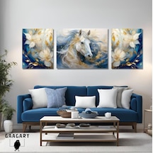 3lü Kanvas Şık Salon Duvar Tablosu Modern Soyut Mavi Beyaz At, 30 X 40 -