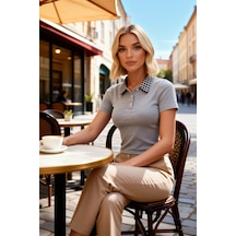 Benerly Kadın Bluz Fitted Crop Polo Yaka Kısa Kol Fitilli Örme Dokuma Det Gri Melanj