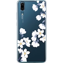 Huawei P20 Art White Flowers Tasarımlı Süper Şeffaf Telefon Kılıfı Çok Renkli