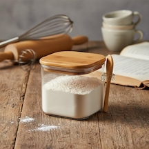 600 Ml Bambu Kapaklı Ve Kaşıklı Kare Cam Kavanoz, Vakumlu Ahşap Kapaklı Baharatlık, Kendinden Kaşık Yuvalı Şeker, Kahve Ve Banyo Tuzu Saklama Kabı Şeffaf