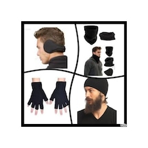 Fonem Erkek Bere Kışlık Sade Set Bere +Polar Bere+ Boyunluk +Kulaklık + Kesik Parmak Eldiven Siyah