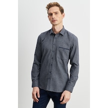 AC&Co / Altınyıldız Classics Erkek Lacivert-Gri Slim Fit Dar Kesim Düğmeli Yaka Pötikareli Flanel Oduncu Gömlek 4A2023100025LAGM Lacivert - Gri