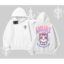 Adorable Kawaii Kedi Arka Baskılı Kapşonlu Sweatshirt Beyaz