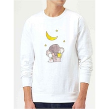 Fil Ve Tavşan Baskılı Beyaz Erkek Örme Sweatshirt (528471537)