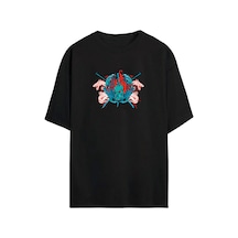 Thewert Unisex Ejderha Ve Canavar Baskılı Siyah Oversize Tshirt