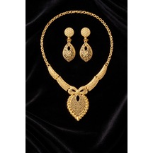 Imperial Glow Altın Renk Vintage Desenli Kolye Küpe Set Şık Zarif Özel Gün & Davet Takı Seti