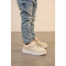 Enoch Cırt Cırtlı Yazı Baskılı Beyaz Tabanlı Bağcıklı Çocuk Sneaker Bej