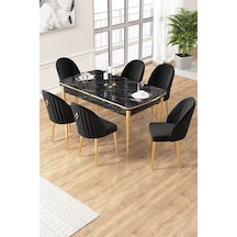 Canisa Edaf Serisi 80x132 Açılabilir Siyah Mermer Desen Mutfak Masa Takımı 6 Sandalye Gold Detay Masa Siyah Mermer Desen Sandalye Siyah Gold Ayak