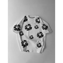 Erkek Tişört Ön Ve Arka Baskılı Oversize Bisiklet Yaka T-shirt- Beyaz