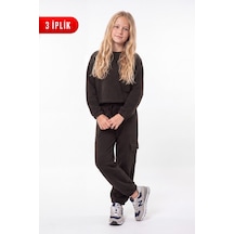 Fyk Kids 3 İplik Kız Çocuk Düz Kısa Bel Sweatshirt Bisiklet Yaka Eşofman Takımı Kahverengi