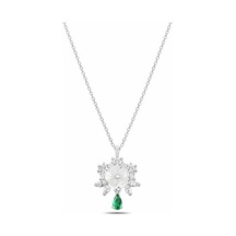 Çekirdekjewelry 925 Ayar Gümüş Rodyum Kaplama Çiçek Kolye Zümrüt Damla Taşlı Gri