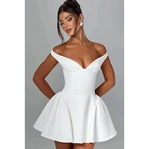 Fashion Cocktail Sırt Bantlı Kabarık Etekli Düşük Omuz Davet Kokteyl Balo Tasarım Elbise Beyaz