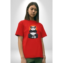 Yoga Panda Pamuklu Bisiklet Yaka Unisex Oversize Boyfriend Dijital Baskılı Kırmızı T-shirt Kırmızı