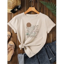 Unisex Pamuklu Kaktüs Ön Baskılı Tasarım Tshirt Bej