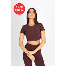 Kadın Organik Kumaş Bisiklet Yaka Vücuda Oturan Slim Fit Atlet Bluz Kahverengi