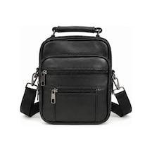 Levano Leather Hakiki Deri Erkek Çapraz Omuz Çantası Orta Boy Çok Bölmeli Fermuarlı Deri Postacı Çanta Siyah