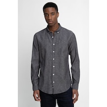 Tudors Slim Fit Uzun Kol Keten Premium Seri Düğmeli Yaka Spor Gömlek-27181-Antrasit