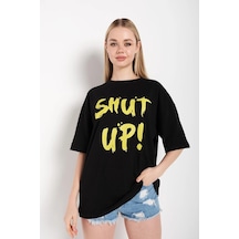 Startmore Kadın Shut Up Beyaz Baskılı Oversize Tshırt Siyah