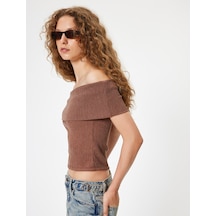 Koton Madonna Yaka Crop Bluz Kısa Kollu Bürümcük Dokulu Slim Fit Kahverengi 4sal60061ık Kahve