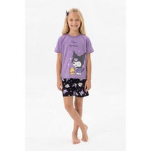 Alkın Kids 8-13 Yaş Kız Çocuk Karakter Baskılı %100 Pamuklu Kısa Kollu Şortlu Pijama Takımı Mor