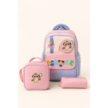 Ccs Kids Kız Çocuk İlkokul 3'lü Okul Çantası Seti Beslenme Çantası Kalemlik Pembe Mavi Ortopedik