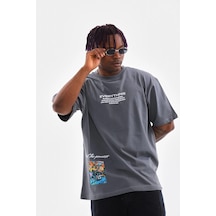Barlashive Erkek Tişort Bisiklet Yaka Baskılı Oversize T-shirt - Gri Çok Renkli