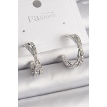 Pirinç Gümüş Renk Zirkon Taşlı Sarmal Halka Model Kadın Küpe Çok Renkli