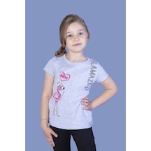 Toontoy Kids Toontoy Kız Çocuk Flamingo Desenli Taş İşlemeli Baskılı Tişört Gri Melanj