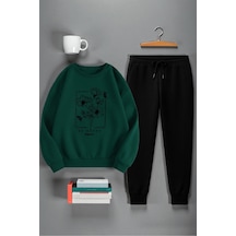 Uyguntarz Unisex Kurdele Tasarım Baskılı Bisiklet Yaka Sweatshirt 2'li Eşofman Takımı Yeşil