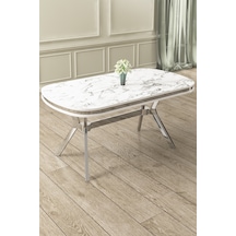 Canisa Epal Serisi 90x168 Lak Panel Krom Ayak Beyaz Mermer Desen Sabit Mutfak Masası Masa Beyaz Mermer Desen Ayak Krom