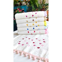 Annem 30x50 Cm. Çeyizlik 6'lı Set Kalp Nakışlı Ponponlu Bukle Lüks Havlu Seti Çok Renkli