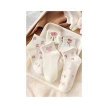 Hitit Socks Kadın 5 Çift Premium Kalite Sarmal Çiçek Desenli Kısa Kolej Çorap Bilek Çorabı Beyaz