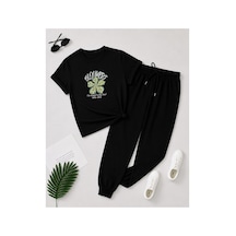 Herkesemoda Blowers Çiçek Baskı Detaylı T-shirt Eşofman Takımı Siyah