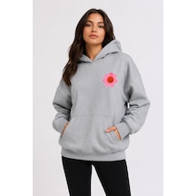 Herkesemoda Emoji Çiçek Baskılı Kapüşonlu 2 İplik Şardonlu Sweatshirt Gri