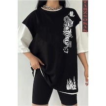 Startmore Siyah Oversize Çift Renk Dragon Baskılı Unisex Tshirt Beyaz