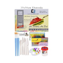 Alex Schoeller Çok Amaçlı Sanatsal Blok 35x50 200 Gr 15 Yaprak Fanart 12 Renk 12 Ml Akrilik Boya Plastik Spatula Fırça